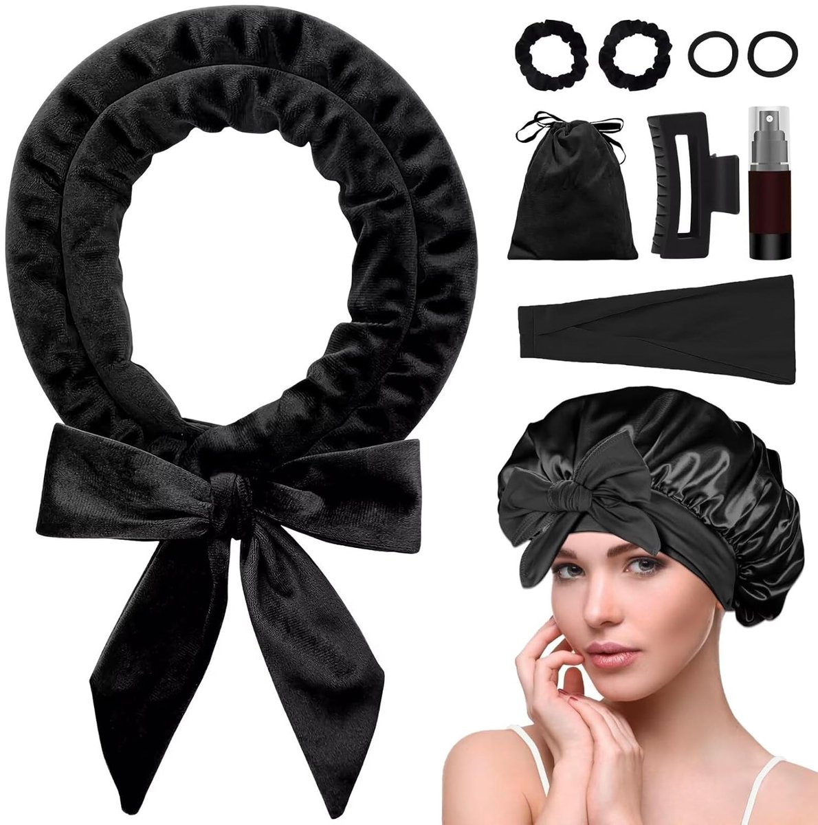 Heat-free hair curlers - Curling rollers - curling set - Blow-dry effect without heat overnight - Soft cap and sleepy bow design - Comfortable curls while you sleep for long hair - black - Image 1