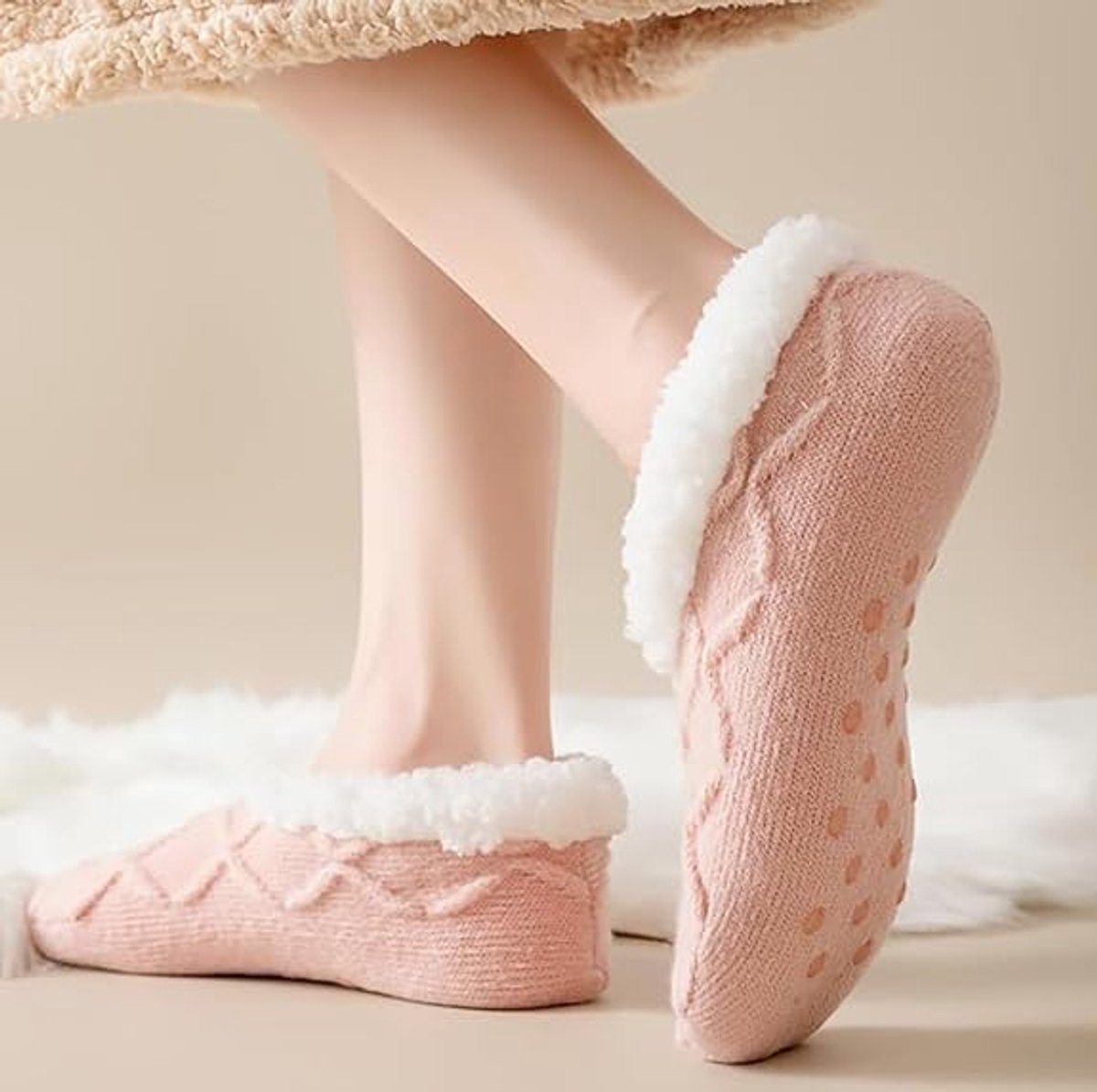 Women's Thermal Socks - Fleece Lined - Non-slip Bottom - Elastic Cuff - Bedroom & Living Room (Pink + Grey) - Image 5