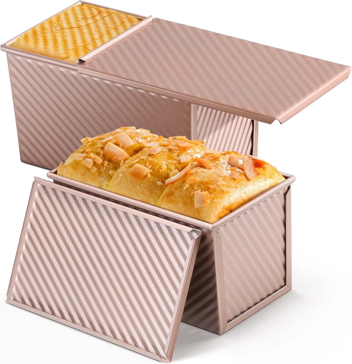 2-pack Pullman loaf pan with lid - 1 pound bread baking pan - non-stick coating for homemade sourdough bread - toast box - sturdy corrugated baking pans with lid - rose gold - Image 1