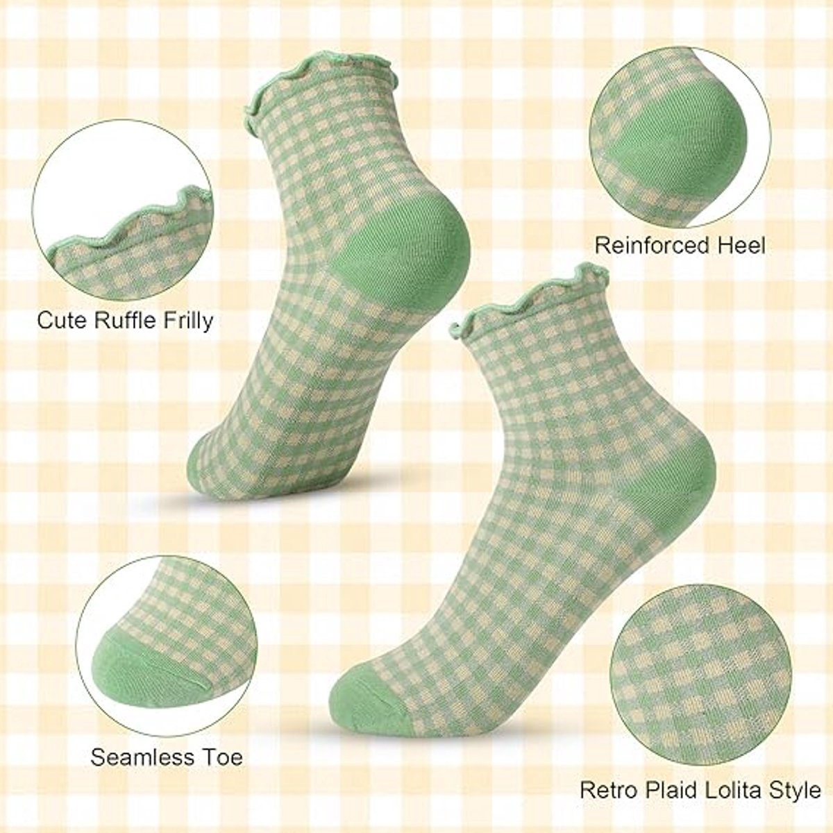 Frilly Socks - cute checked ankle socks for women - cotton knitted casual crew socks - Image 3