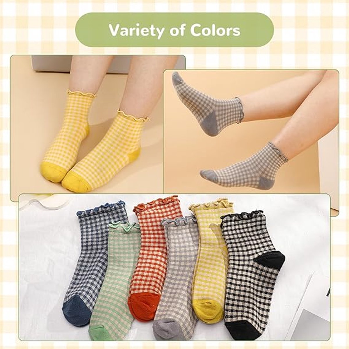 Frilly Socks - cute checked ankle socks for women - cotton knitted casual crew socks - Image 4