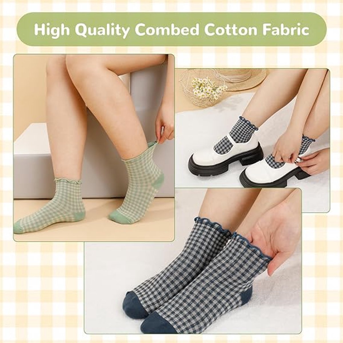 Frilly Socks - cute checked ankle socks for women - cotton knitted casual crew socks - Image 5