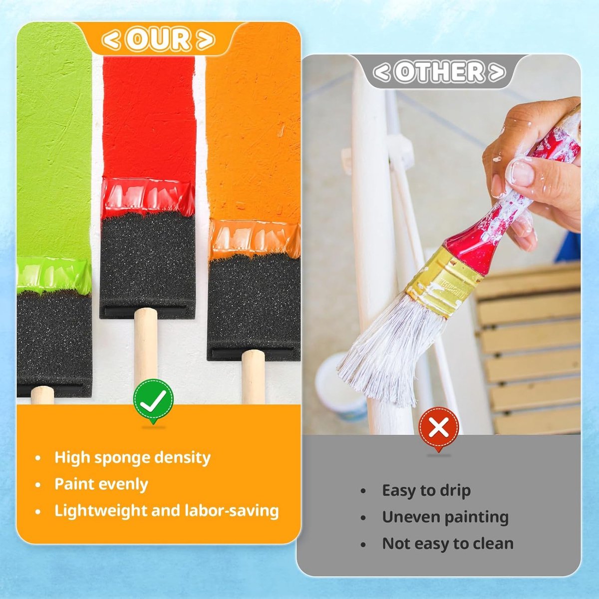Foam paint brushes - 8 pieces, 4 cm wide - Sponge brushes for smooth painting - For staining and craft projects - Image 2