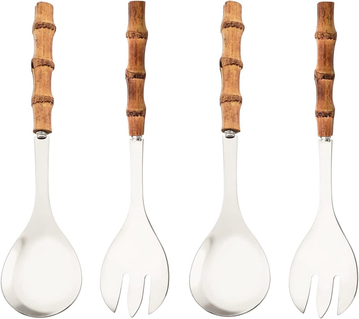 Cutlery set - including spoon and fork - made of 304 stainless steel - with natural bamboo handles, 25 cm long - suitable for kitchens, parties, buffets, etc. - 4 pieces in total / 2 of each - Image 1