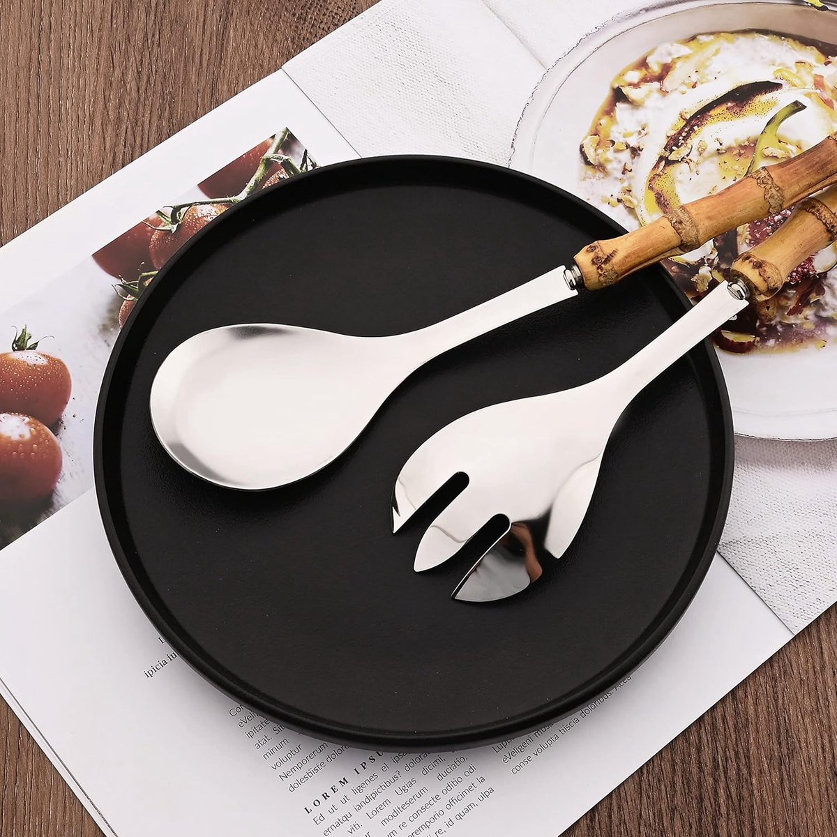 Cutlery set - including spoon and fork - made of 304 stainless steel - with natural bamboo handles, 25 cm long - suitable for kitchens, parties, buffets, etc. - 4 pieces in total / 2 of each - Image 2
