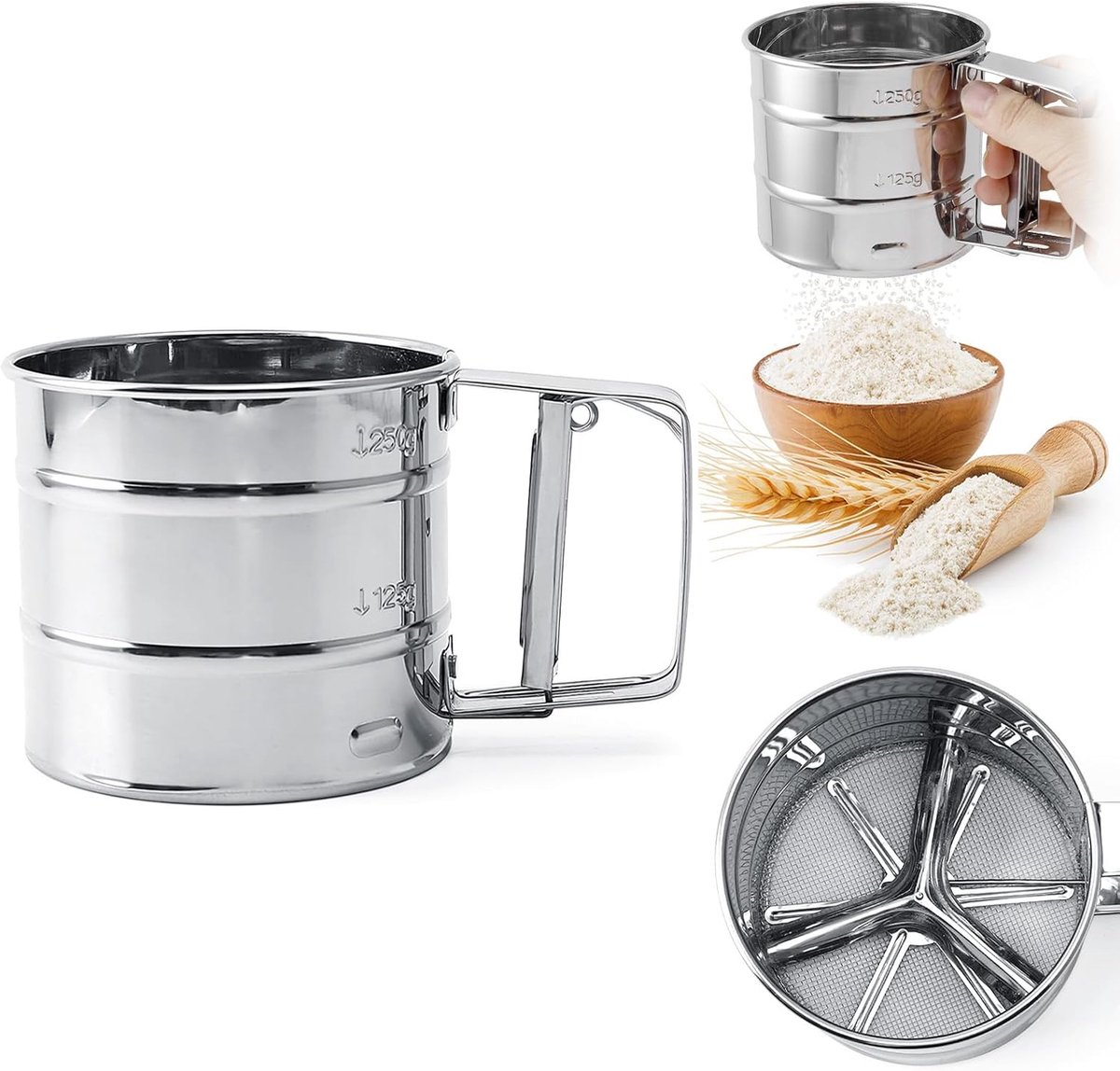 Flour Sieve - Flour Sieve - Professional Fine Mesh Sieve - Fine Kitchen Sieve - One-Hand Press Stainless Steel - Ideal for Baking and Sprinkling Powdered Sugar - Image 1