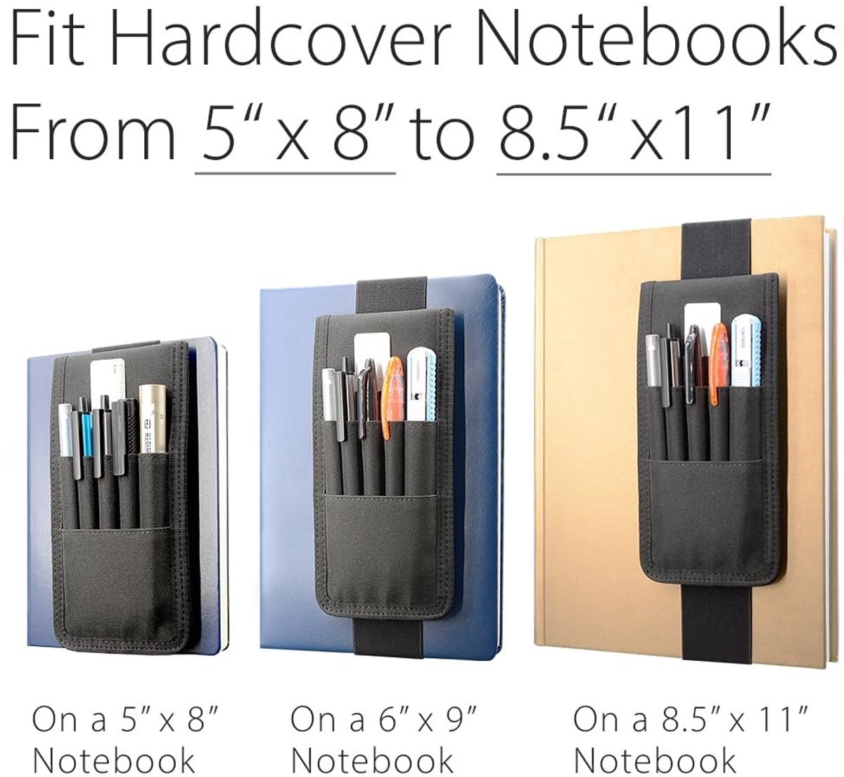 Adjustable pen holder - Velcro, 3 elastic bands - For hardcover diaries & planners - Image 2