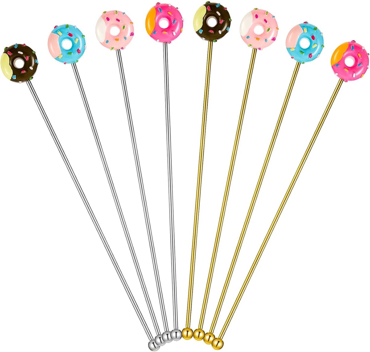 8 stainless steel stirrers - Donut cartoon design - Reusable stirrers for coffee and drinks - 7.5-inch long stirrers - Long-stem cocktail picks - Perfect as a donut gift and party decoration - 4 gold and 4 silver pieces - Image 1
