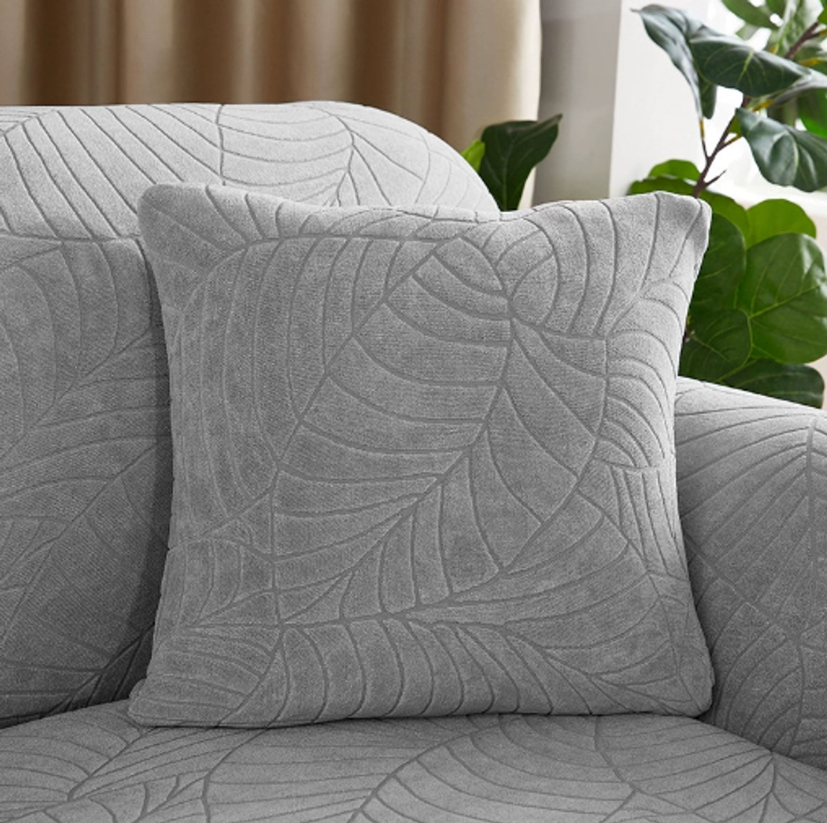 Waterproof cushion cover 45x45 - set of 2 cushion covers - Light grey jacquard leaf pattern - Image 1