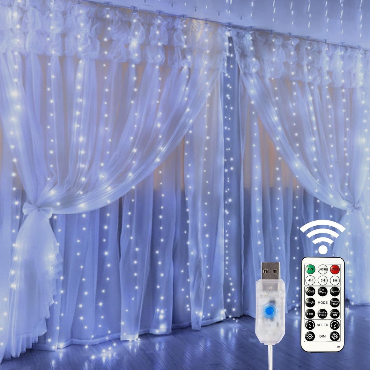 Curtain lights, Christmas lights - 300 LEDs, 8 light modes, copper string lights with remote control, USB powered and waterproof for Christmas, bedroom, party, wedding, home, garden, wall decorations, cool white - Image 1