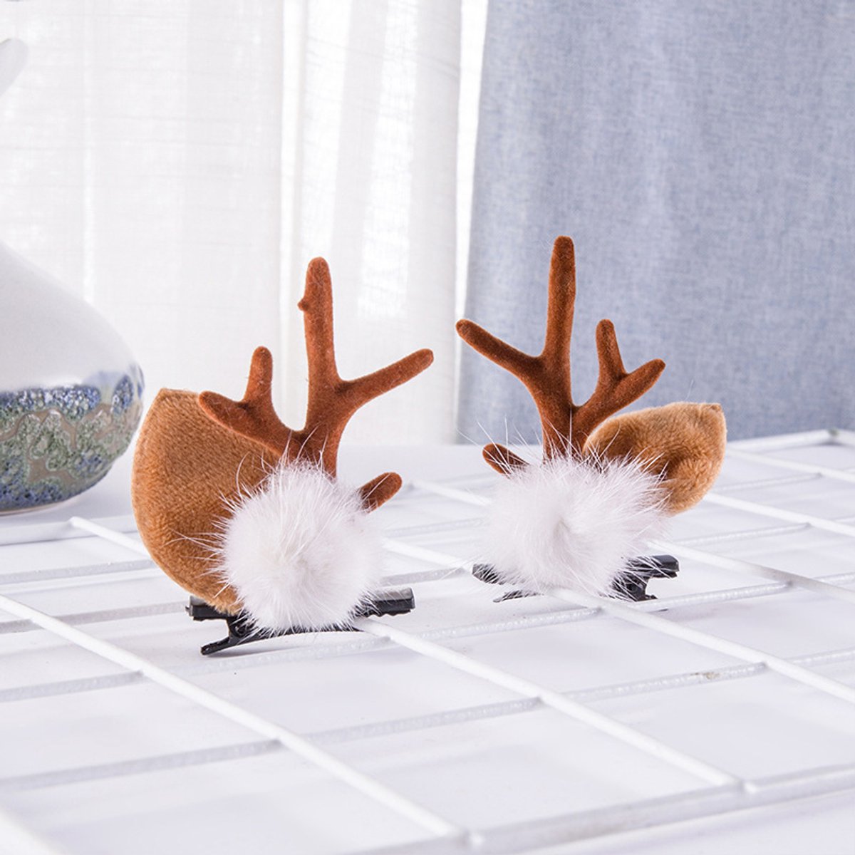 Christmas Hair Clips - Christmas Headband - Cute Deer Antler Headband - With Plush Reindeer Ears - For Halloween and Christmas - Includes Adjustable Strap - Image 1