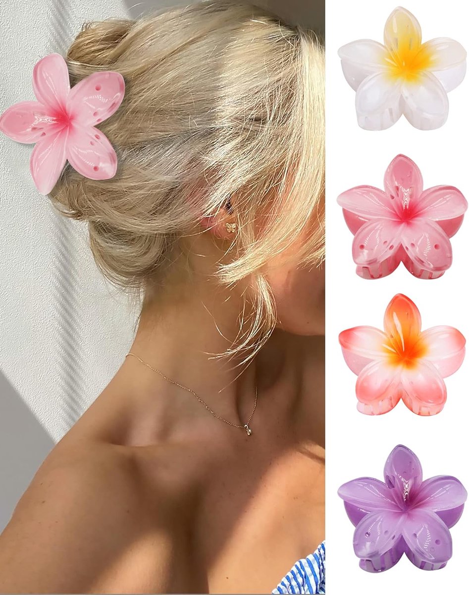 Floral hair clips - Pack of 4 - Suitable for thick hair - Strong non-slip - Hawaiian style - Cute large hair clips - Banana clips for fine hair - Hair accessory as a gift for ladies and girls during the holidays - Image 1