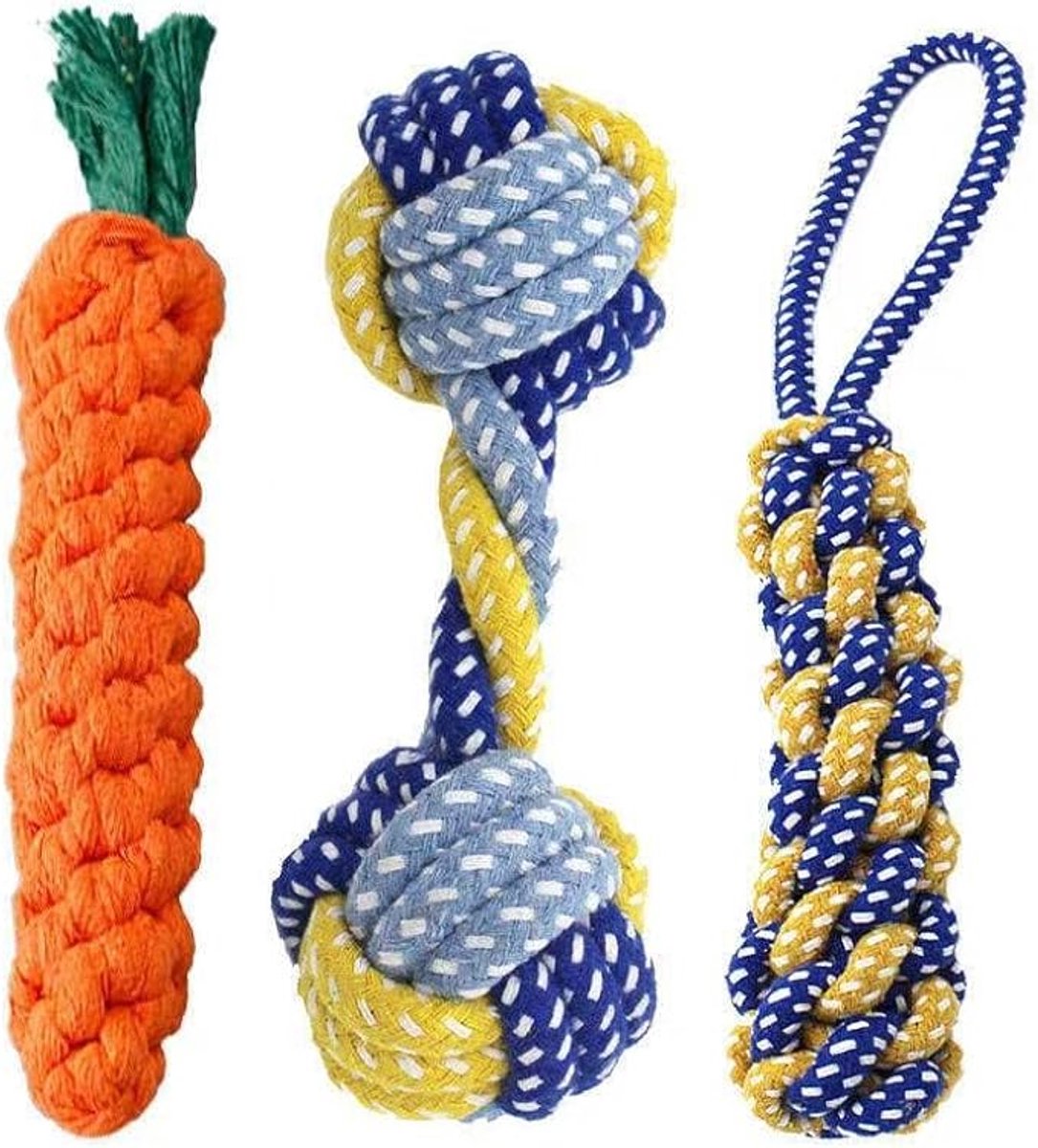Dog toy - Cleans teeth - Knot & Carrot design - Durable braided cotton rope - Break-resistant chew toy - Suitable for puppies - Image 1