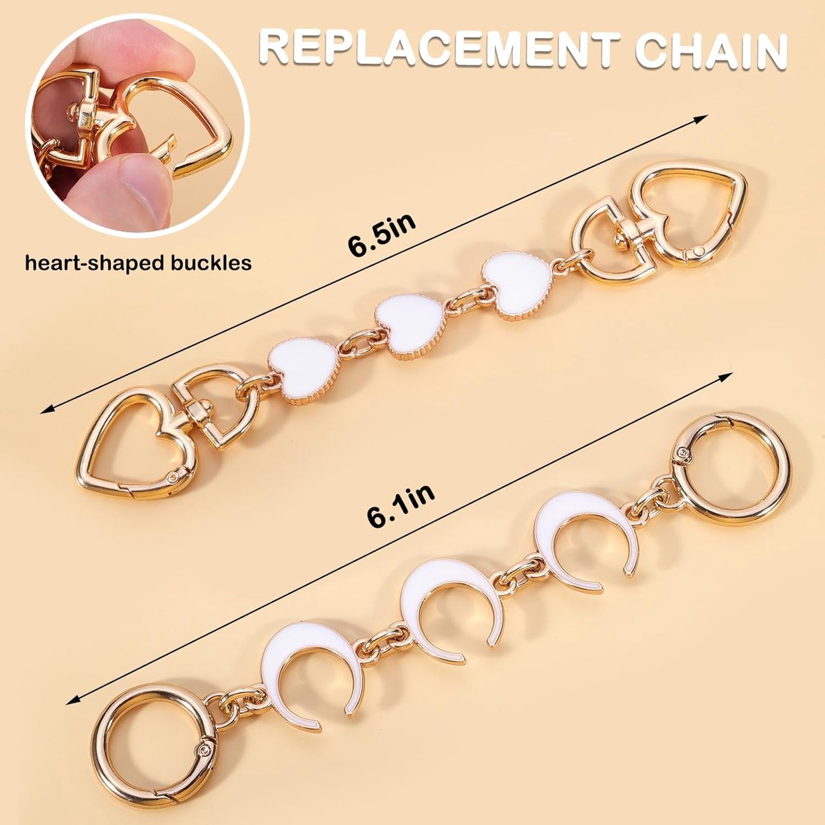 Bag strap 2-pack extension chains for bags - heart and moon pattern - shoulder strap extension for handbag - gold chain - white bag accessories - bag charms - materials for making handbags - Image 2