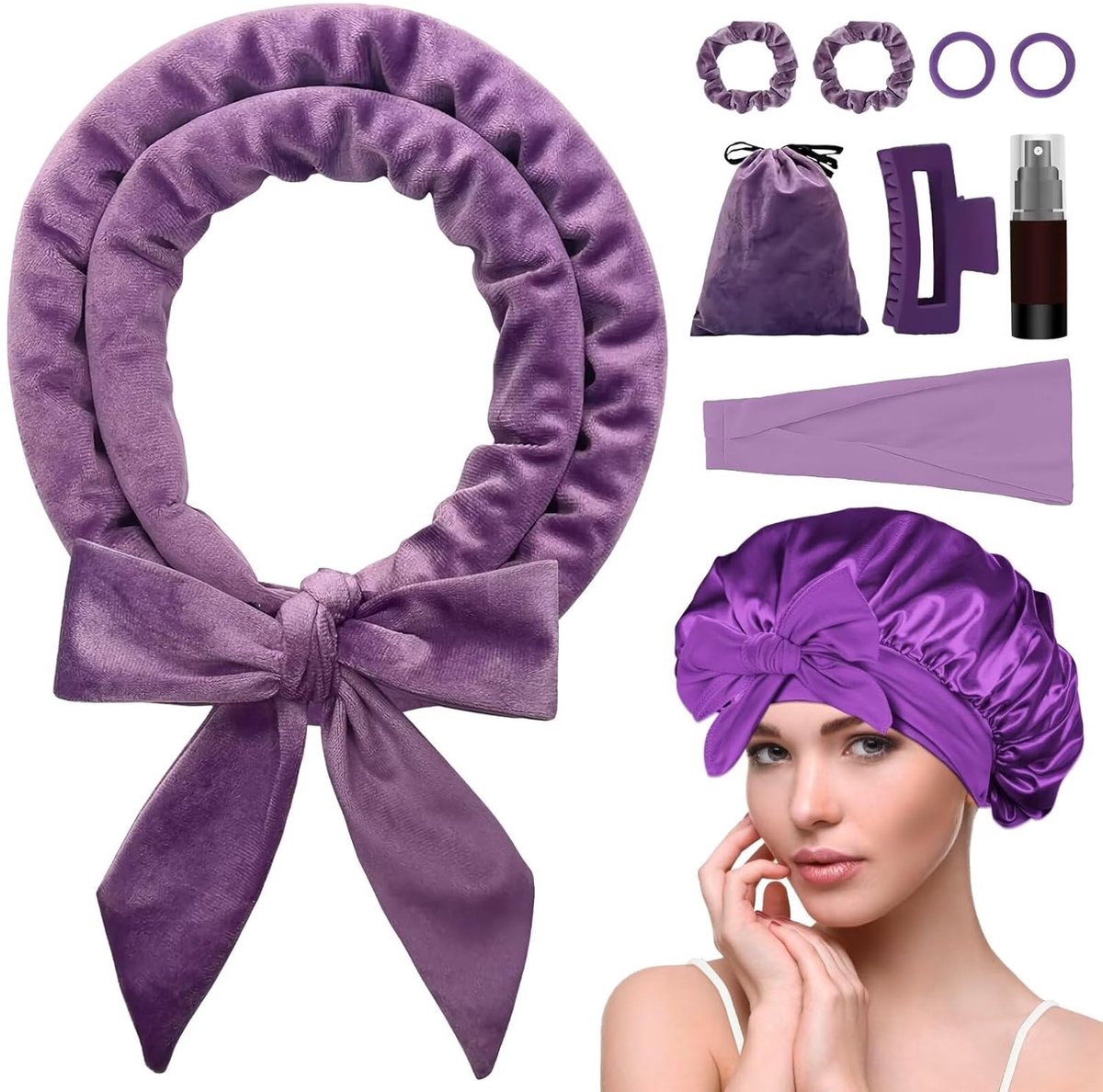 Heat-free hair curlers -Curling rollers- curling set- Blow-dry effect without heat overnight - Soft cap and sleepy bow design - Comfortable curls while you sleep for long hair-Purple - Image 1