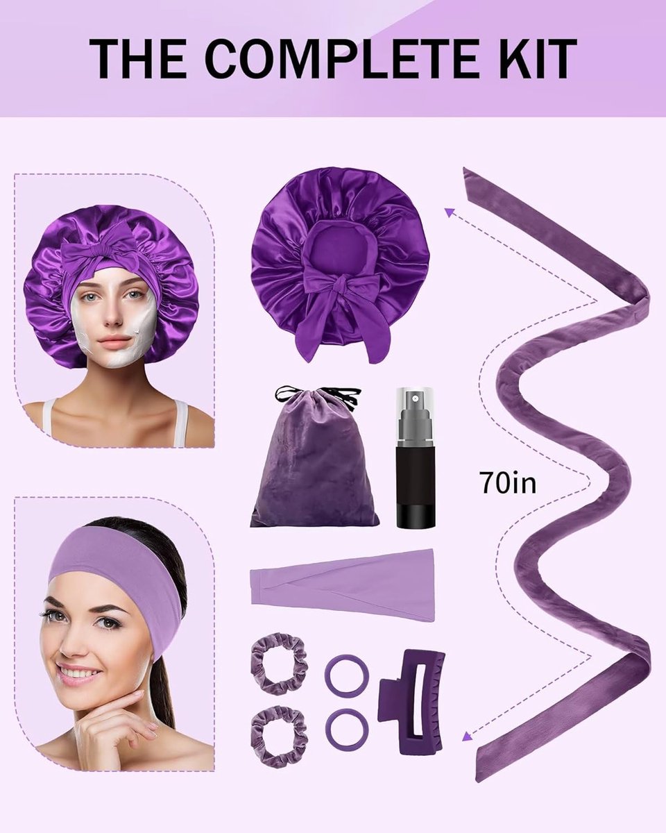 Heat-free hair curlers -Curling rollers- curling set- Blow-dry effect without heat overnight - Soft cap and sleepy bow design - Comfortable curls while you sleep for long hair-Purple - Image 3