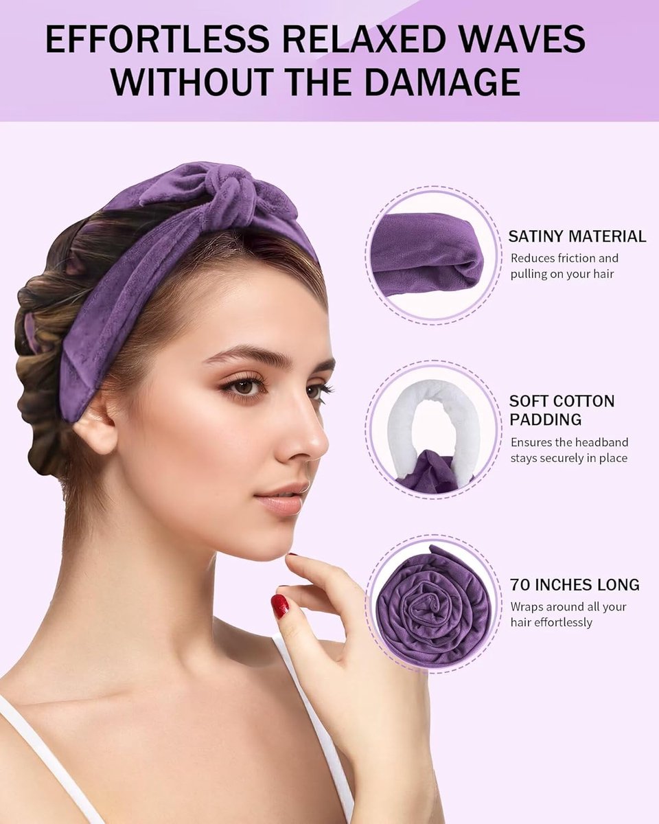 Heat-free hair curlers -Curling rollers- curling set- Blow-dry effect without heat overnight - Soft cap and sleepy bow design - Comfortable curls while you sleep for long hair-Purple - Image 4