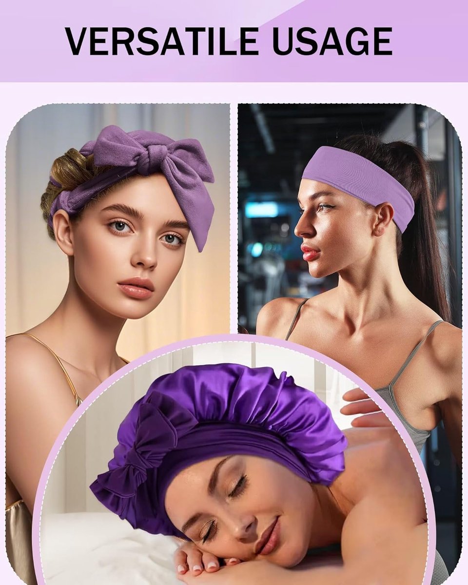 Heat-free hair curlers -Curling rollers- curling set- Blow-dry effect without heat overnight - Soft cap and sleepy bow design - Comfortable curls while you sleep for long hair-Purple - Image 5