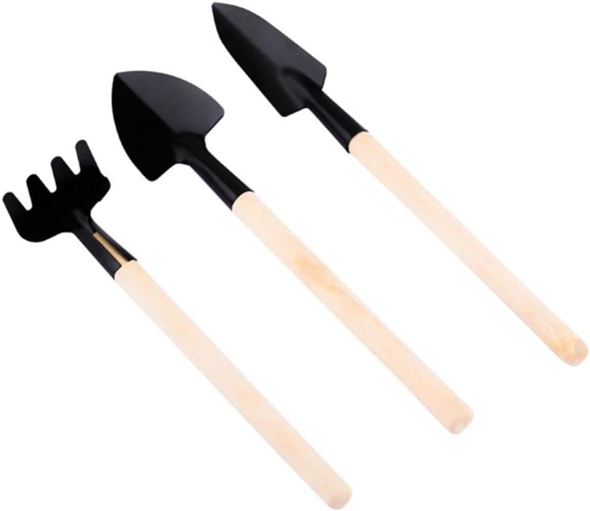 3-piece mini garden tool set - for pots and plants - Wooden handle design - Shovel, rake, and soil shovel - Small size for precise work - Image 1