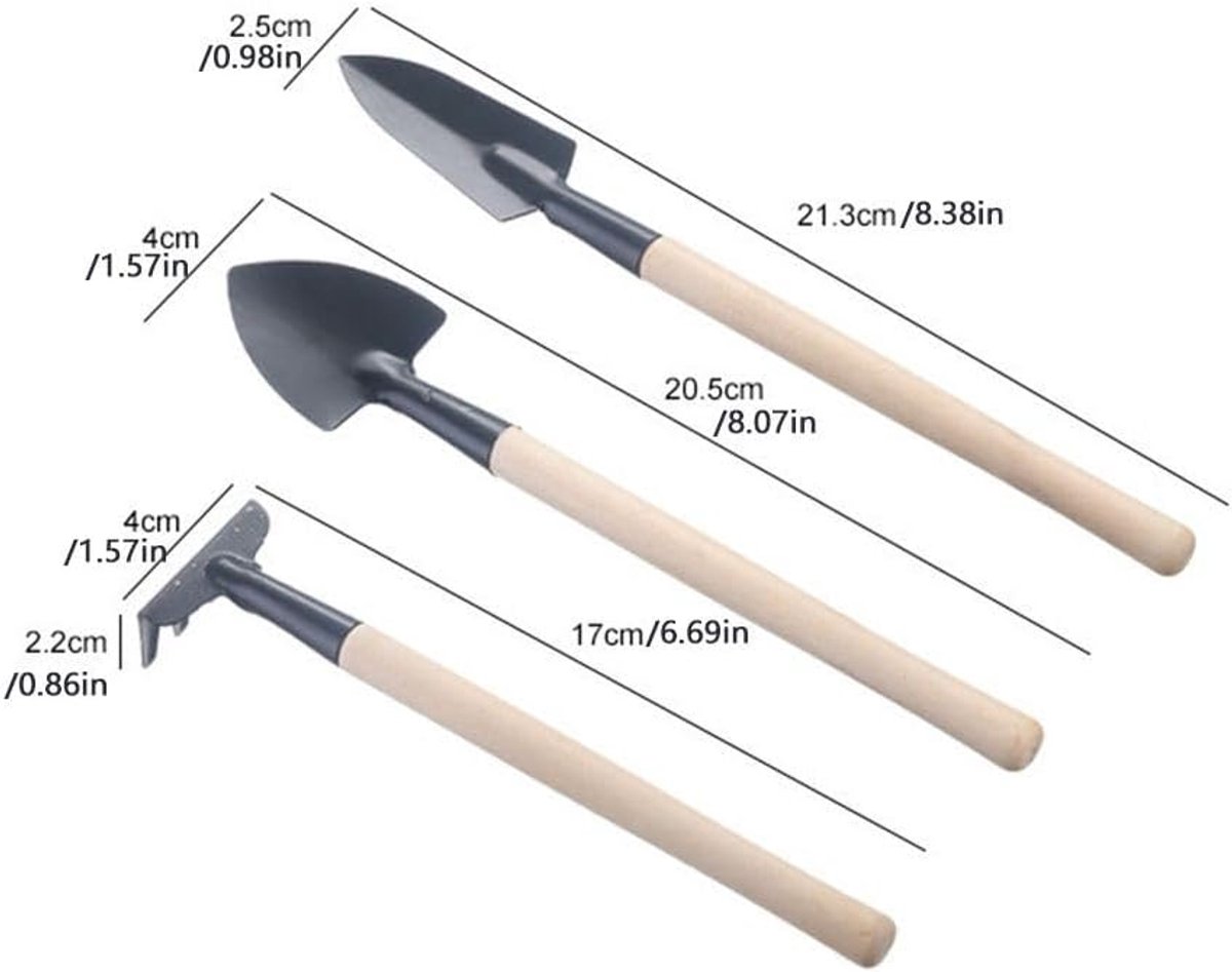 3-piece mini garden tool set - for pots and plants - Wooden handle design - Shovel, rake, and soil shovel - Small size for precise work - Image 2