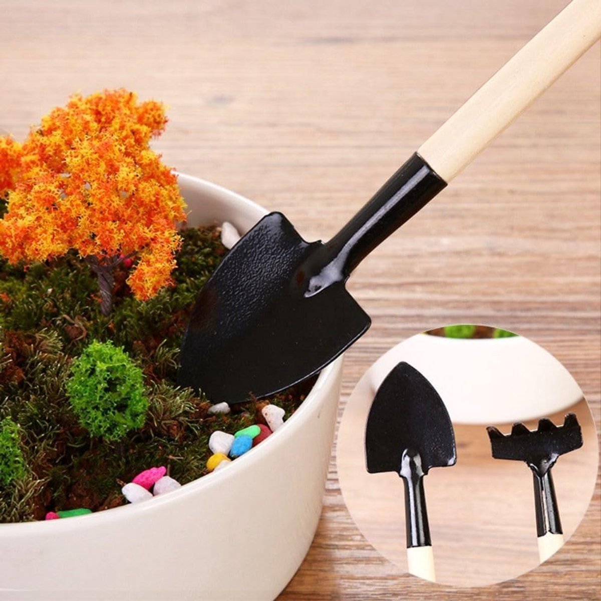 3-piece mini garden tool set - for pots and plants - Wooden handle design - Shovel, rake, and soil shovel - Small size for precise work - Image 4
