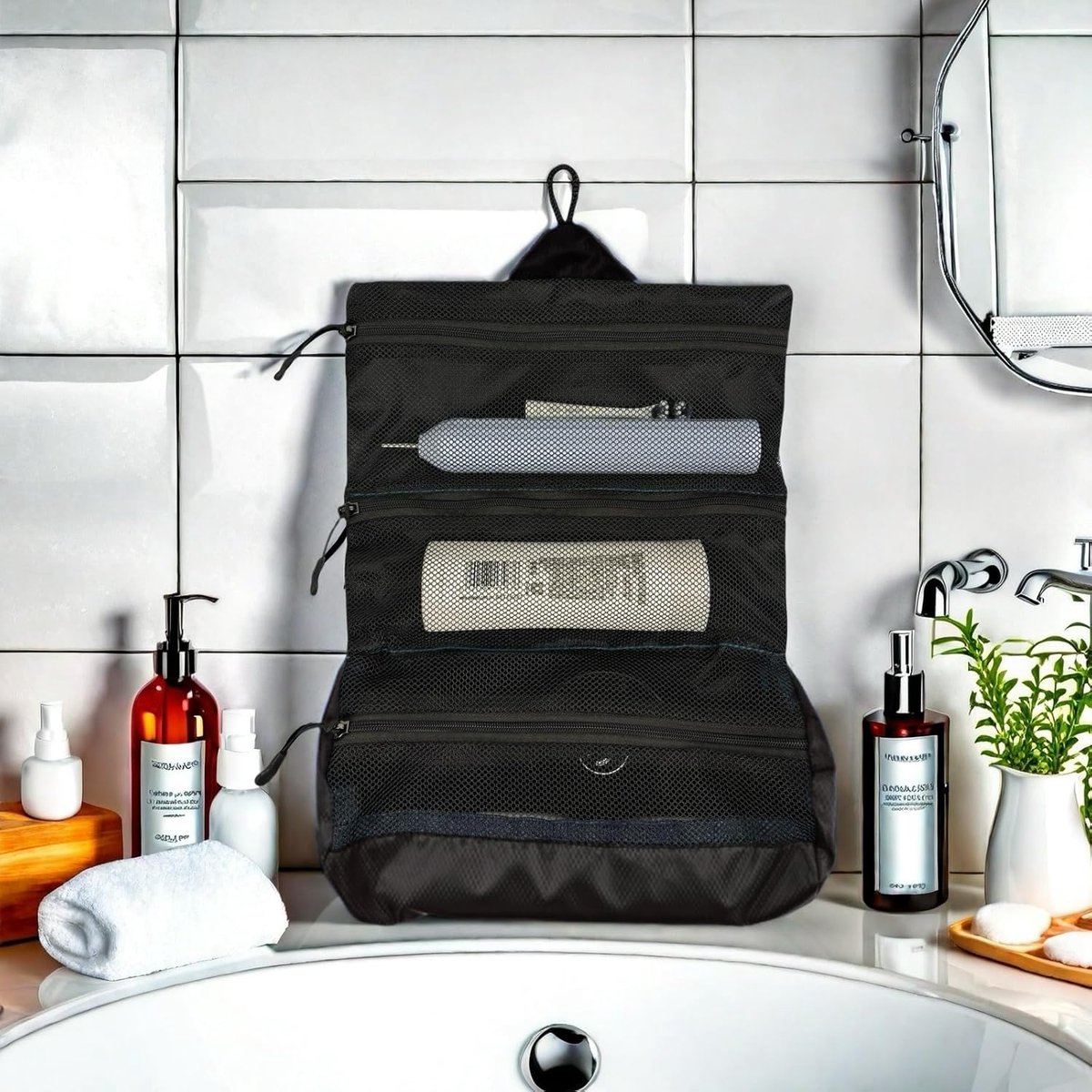 Men's travel toiletry bag - Hanging toiletry bag with waterproof shaver organizer - Makeup and travel essentials container with multiple compartments - Outdoor gift for men (black) - Image 5