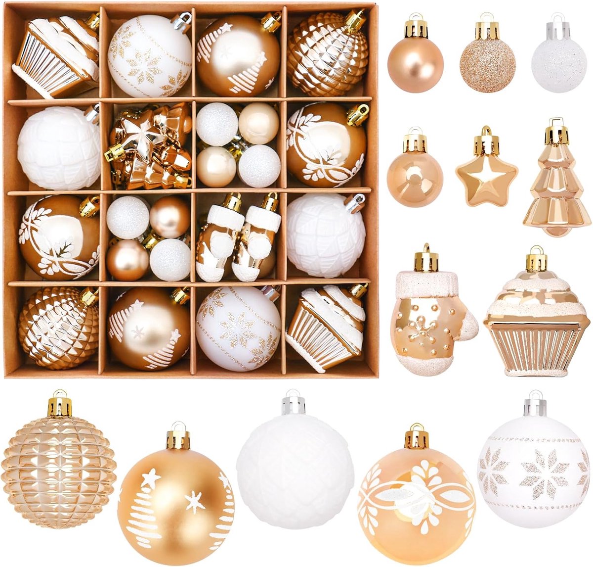 42 Christmas Tree Ornaments - Unbreakable Baubles - Various Styles for Christmas Tree Ornaments - Indoor Christmas Decorations for Home and Parties - Gold and White - Image 1