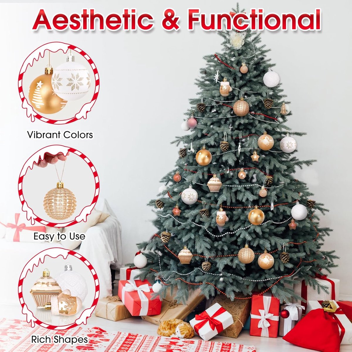 42 Christmas Tree Ornaments - Unbreakable Baubles - Various Styles for Christmas Tree Ornaments - Indoor Christmas Decorations for Home and Parties - Gold and White - Image 2