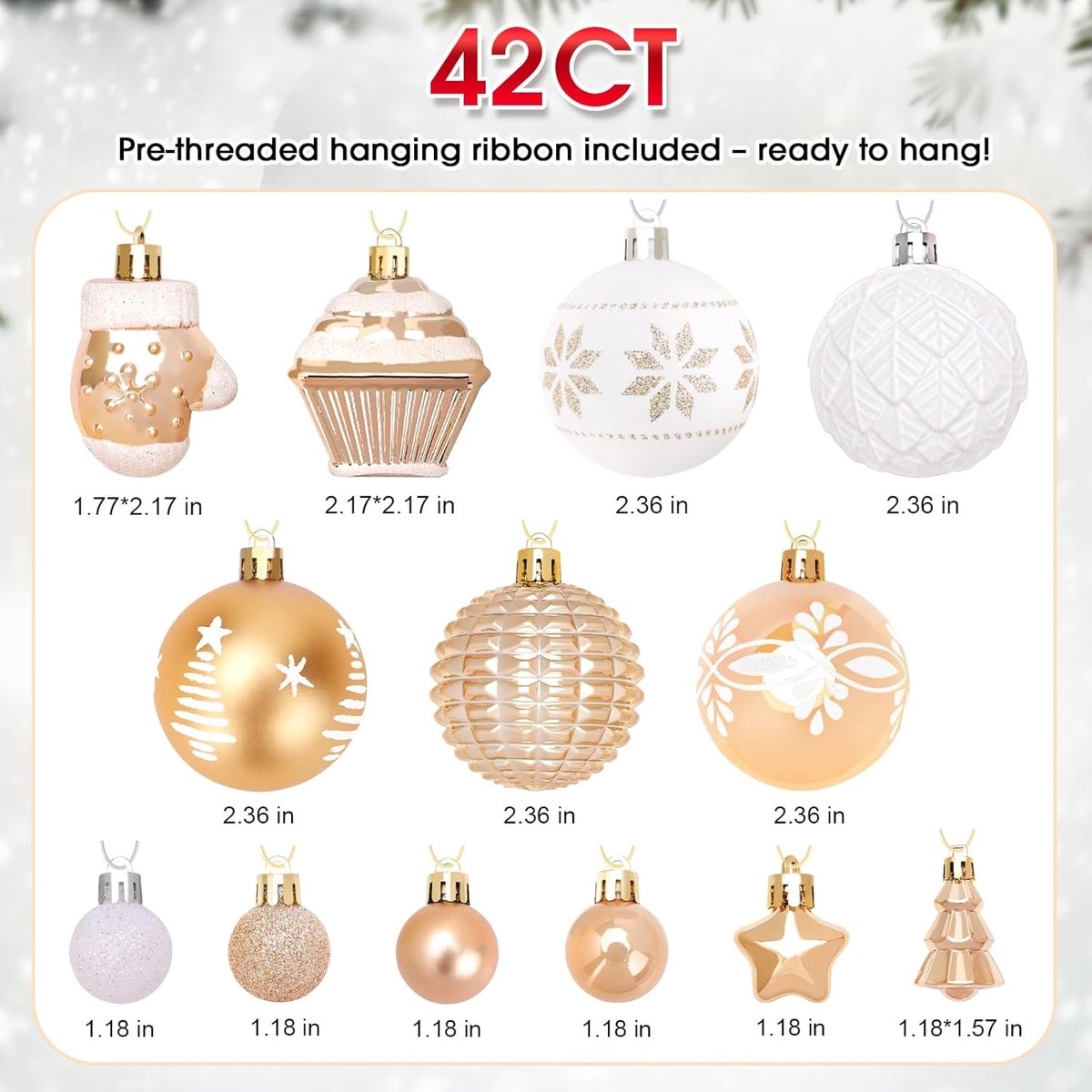 42 Christmas Tree Ornaments - Unbreakable Baubles - Various Styles for Christmas Tree Ornaments - Indoor Christmas Decorations for Home and Parties - Gold and White - Image 5