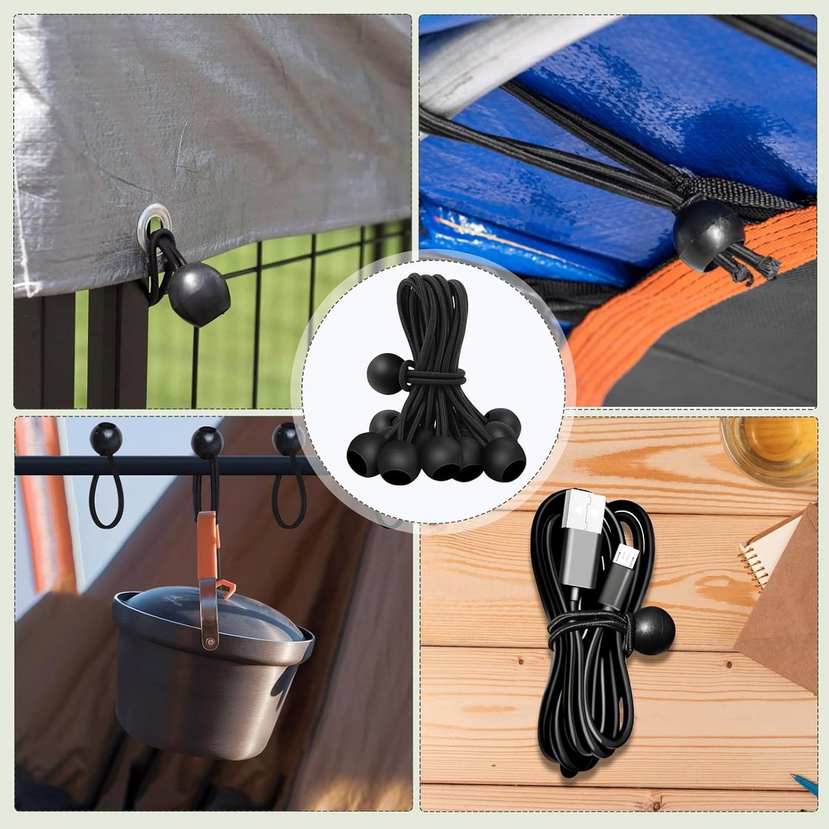 30 elastic cords, 10 cm long - with ball joints - black - sturdy rubber tensioners - for securing tarpaulins, camping tents, luggage cables, and awnings. - Image 3