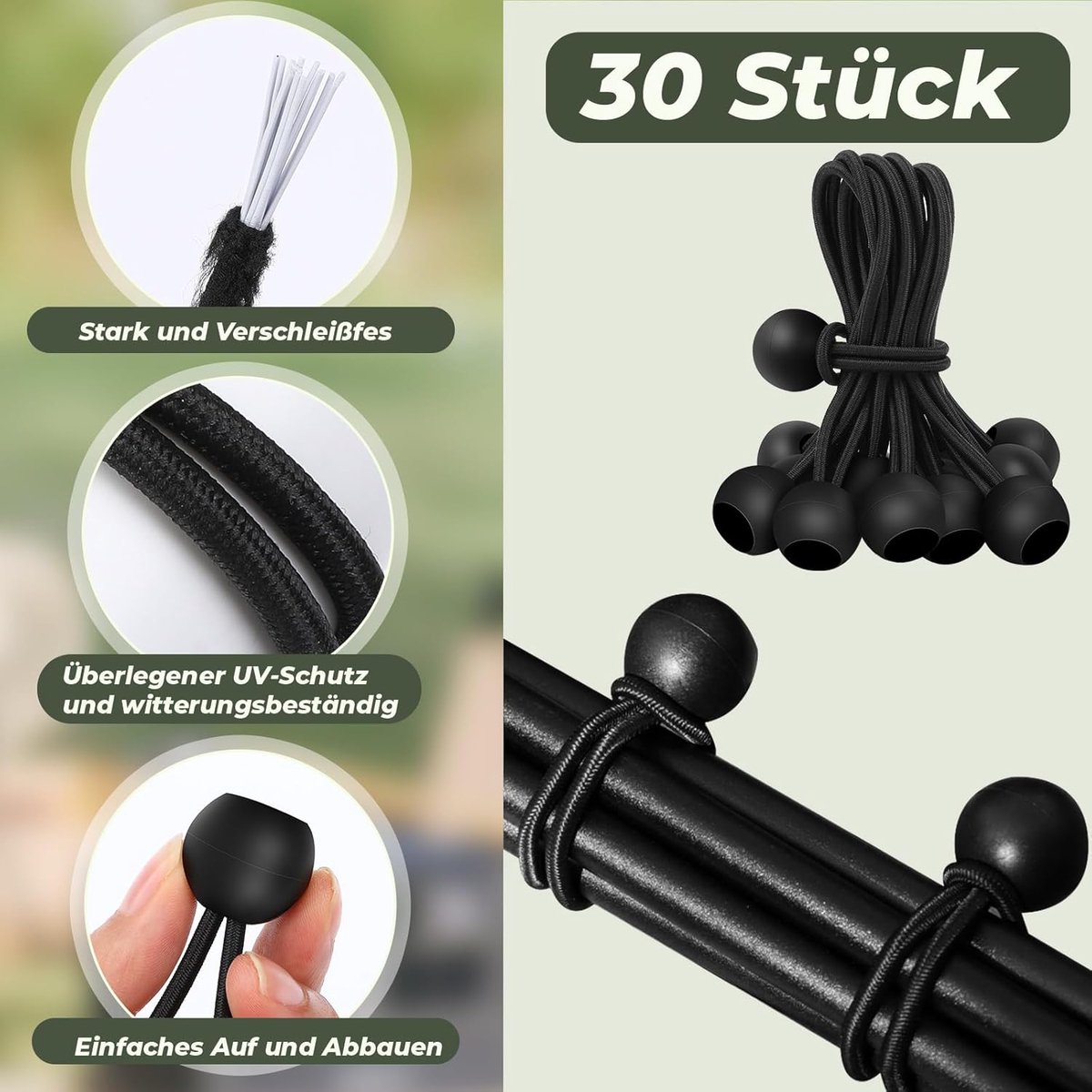 30 elastic cords, 10 cm long - with ball joints - black - sturdy rubber tensioners - for securing tarpaulins, camping tents, luggage cables, and awnings. - Image 4