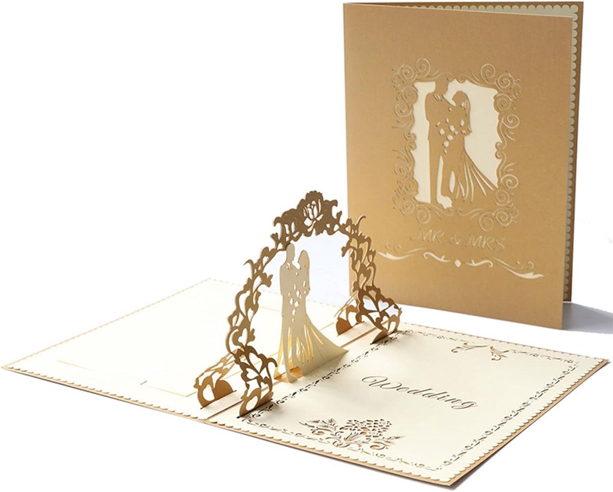 3D Pop-Up Wedding Card - Comes with a high-quality envelope - Suitable for wedding anniversaries, wedding gifts, birthdays, and wedding invitations (Gold) - Image 1