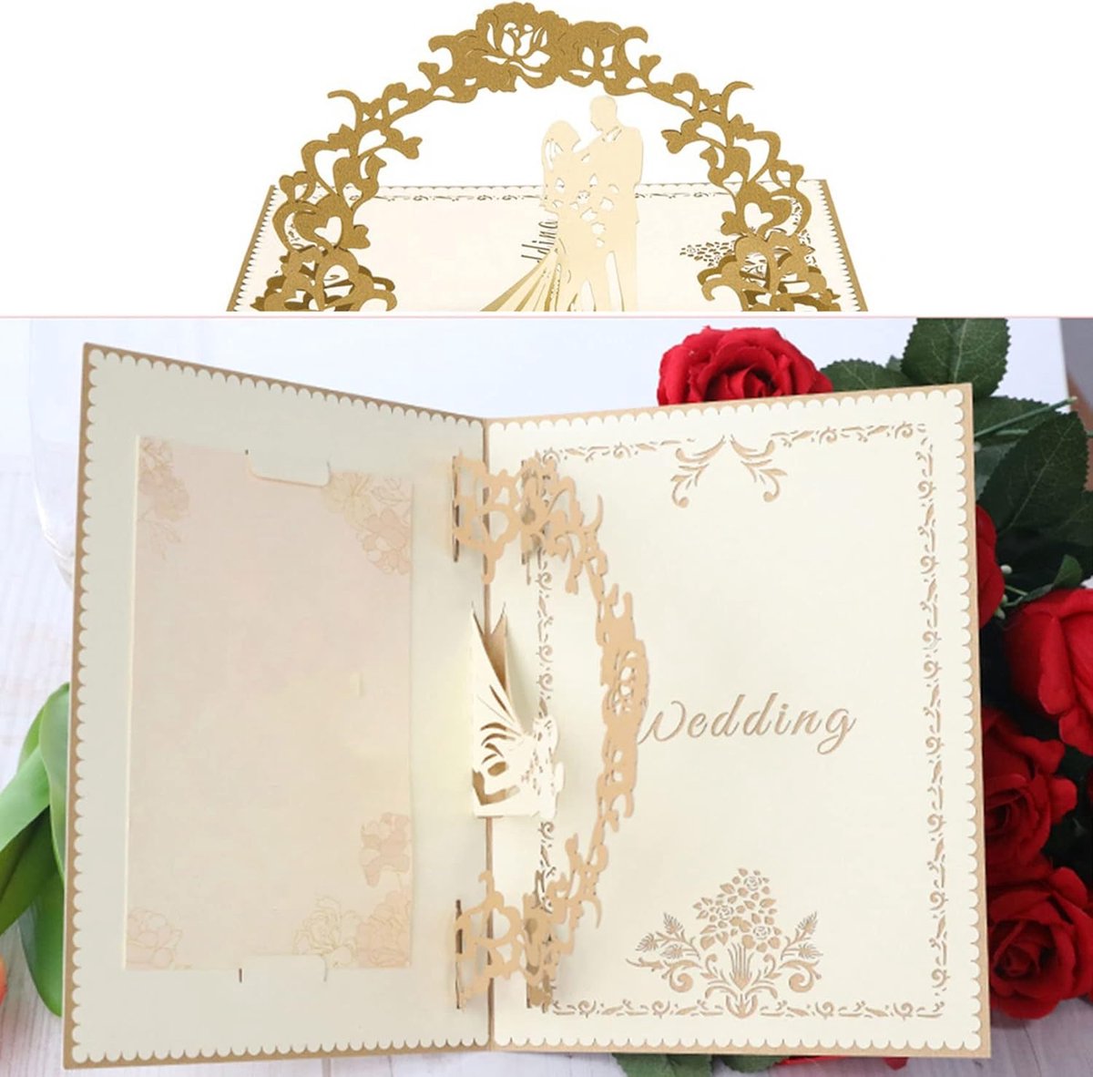 3D Pop-Up Wedding Card - Comes with a high-quality envelope - Suitable for wedding anniversaries, wedding gifts, birthdays, and wedding invitations (Gold) - Image 4