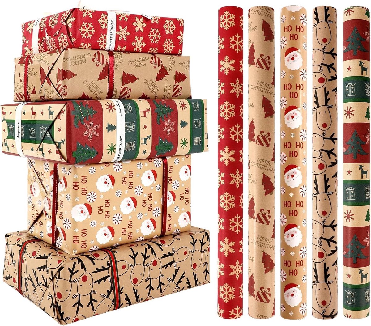 5 Roll Christmas Wrapping Paper - Christmas Wrapping Paper Rolls - Christmas Paper Wrapping Paper For Christmas - 17 inch x 50 Feet Mini Kraft Sheet Set - Christmas Gift Wrapping Paper Small, Merry Christmas Gifts Decoration - Image 1