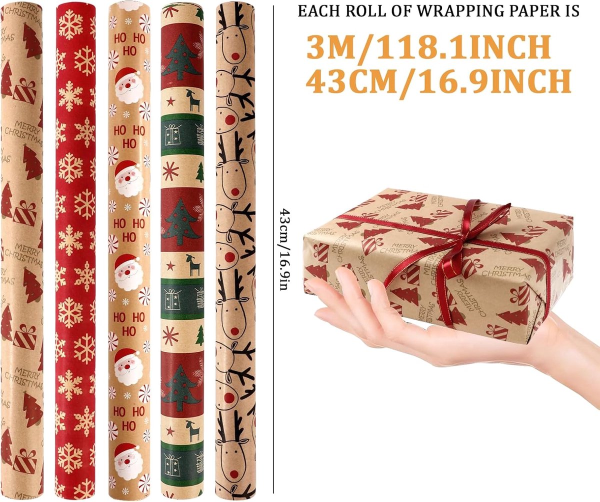5 Roll Christmas Wrapping Paper - Christmas Wrapping Paper Rolls - Christmas Paper Wrapping Paper For Christmas - 17 inch x 50 Feet Mini Kraft Sheet Set - Christmas Gift Wrapping Paper Small, Merry Christmas Gifts Decoration - Image 2