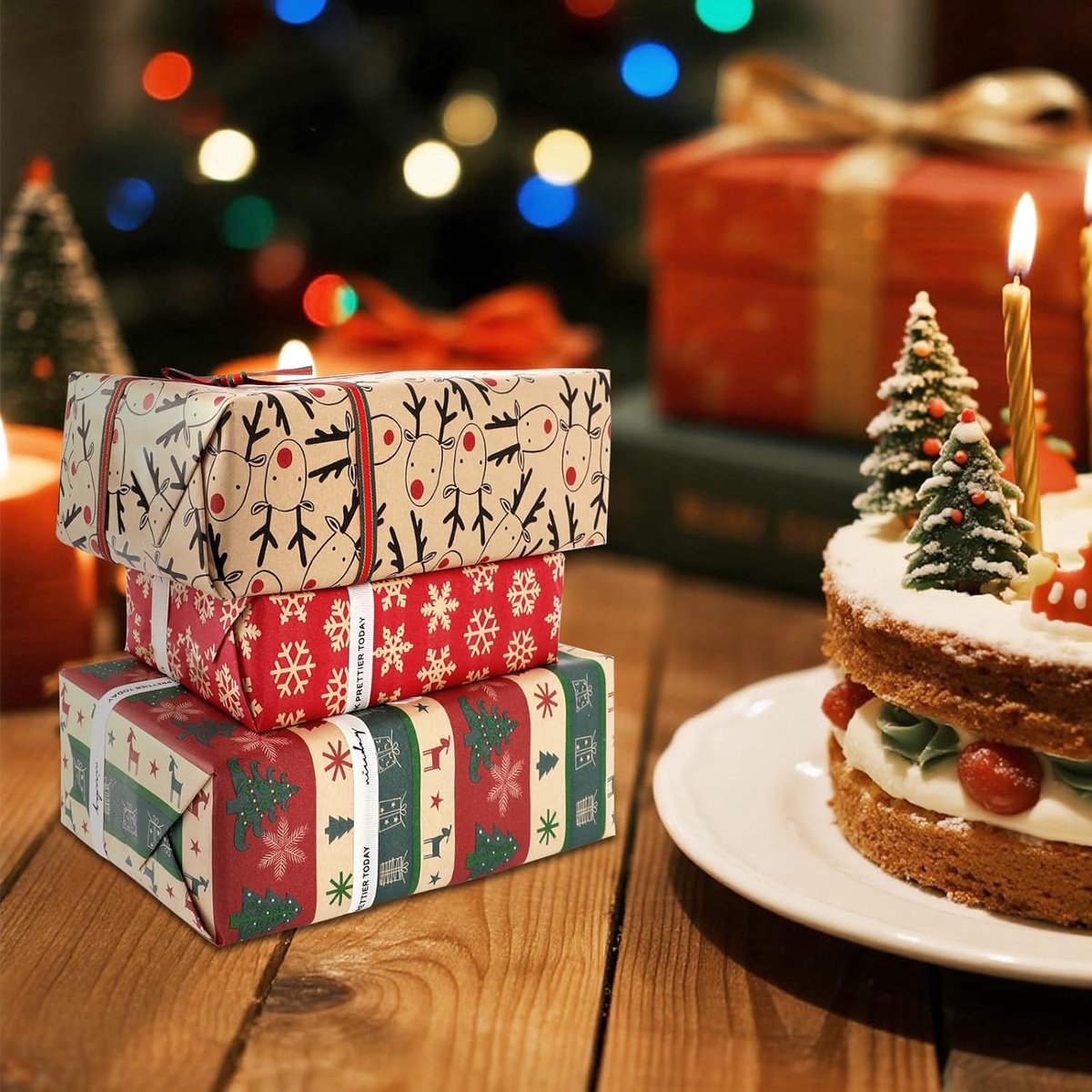 5 Roll Christmas Wrapping Paper - Christmas Wrapping Paper Rolls - Christmas Paper Wrapping Paper For Christmas - 17 inch x 50 Feet Mini Kraft Sheet Set - Christmas Gift Wrapping Paper Small, Merry Christmas Gifts Decoration - Image 3