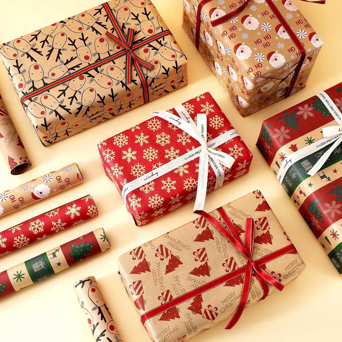 5 Roll Christmas Wrapping Paper - Christmas Wrapping Paper Rolls - Christmas Paper Wrapping Paper For Christmas - 17 inch x 50 Feet Mini Kraft Sheet Set - Christmas Gift Wrapping Paper Small, Merry Christmas Gifts Decoration - Image 5