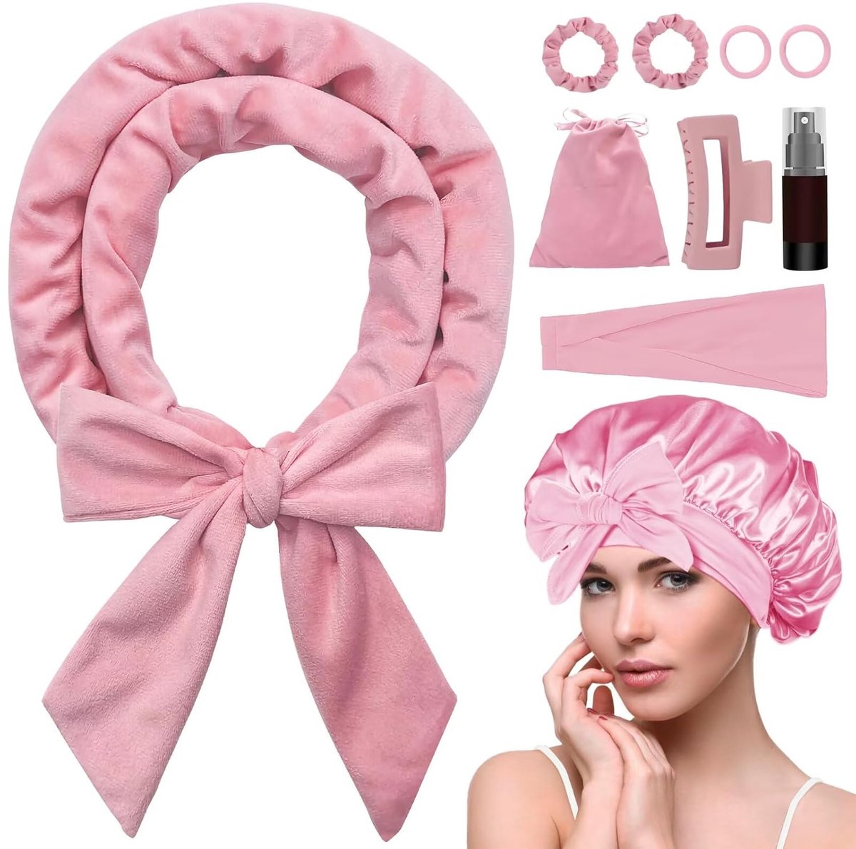 Heat-free hair curlers -Curling rollers- curling set- Blow-dry effect without heat overnight -Soft cap and sleepy bow design -Comfortable curls while you sleep for long hair- pink - Image 1