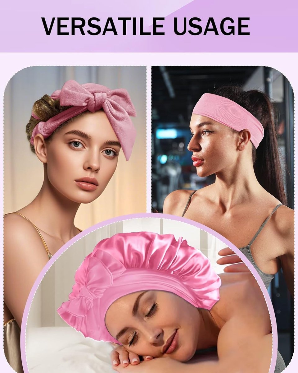 Heat-free hair curlers -Curling rollers- curling set- Blow-dry effect without heat overnight -Soft cap and sleepy bow design -Comfortable curls while you sleep for long hair- pink - Image 5