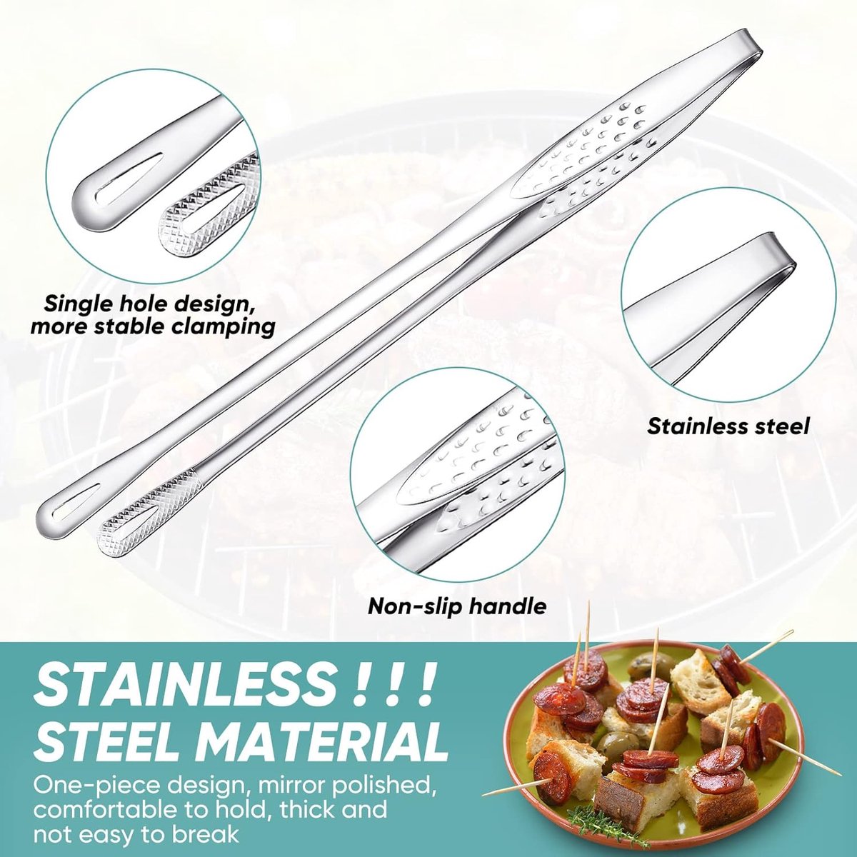 6 Stainless Steel Barbecue Tongs - 28 cm Korean & Japanese Model - Suitable for Grill, Steak, and Salad - Portable Kitchen and Outdoor Tongs Set - Image 2