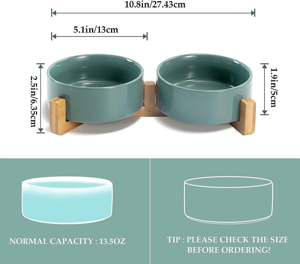 Cat Litter Box - Dog Bowl - Ceramic Food Bowl Set for Cat and Dog - With Wooden Base, Modern and Cute Design, Weighted and Non-Slip - Suitable for food and water - Suitable for cats, small dogs, and puppies (Capacity: 390 ml / Diameter: 13 cm) - Image 3