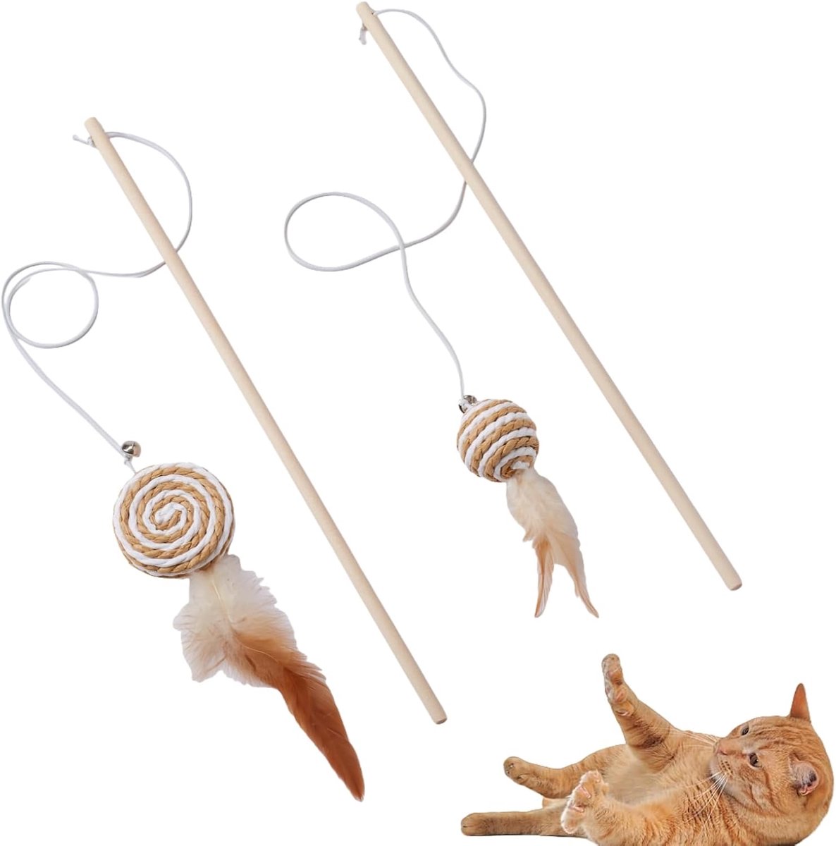 2 interactive cat tease sticks - cat stick toy set - cute paper balls and paper circles - attract your cat's attention - Image 1