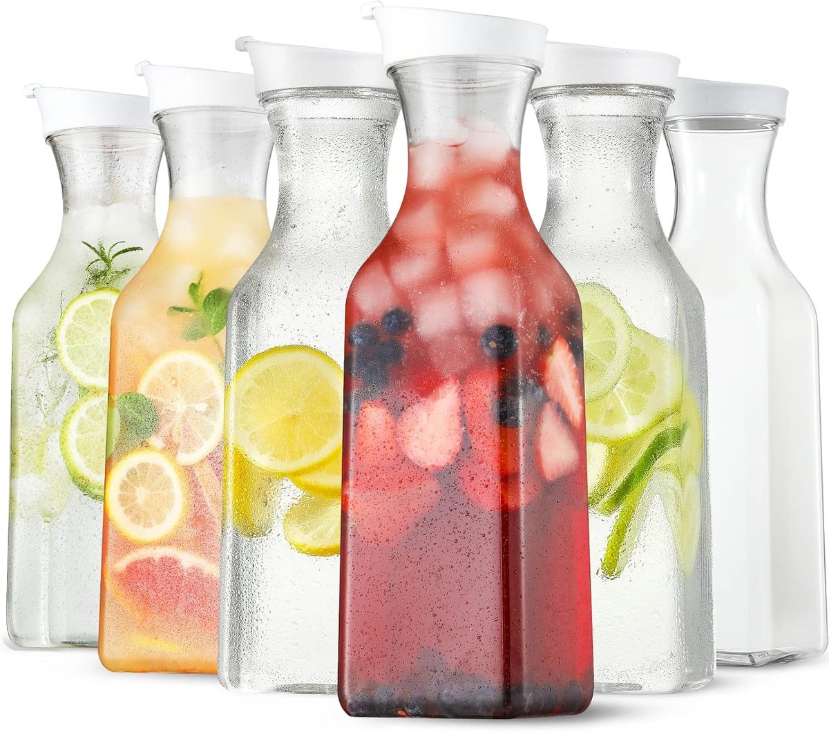 50 oz plastic water carafe with flip lid, set of 3 square plastic juice pitchers with clear bottom - for water, iced tea, juice, liquor, lemonade, milk and mimosa bar - HAND WASH ONLY - Image 1