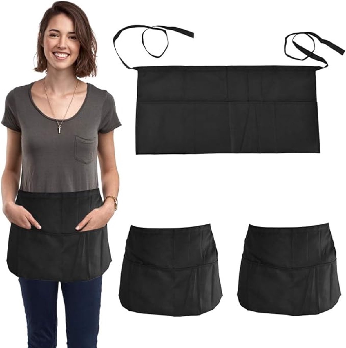 Bistro Aprons 3-piece – Black, semi-short, for waiter/waitress - Image 1