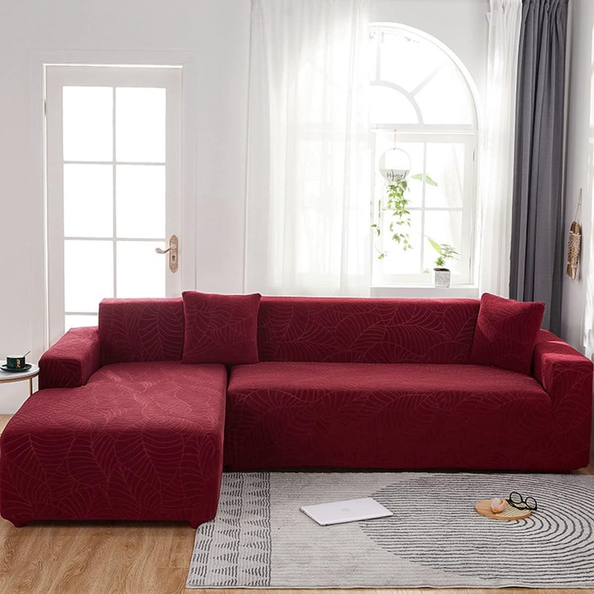 Waterproof sofa cover - Wine red jacquard leaf pattern - For 4-seater sofa (235-300 cm) - Image 1