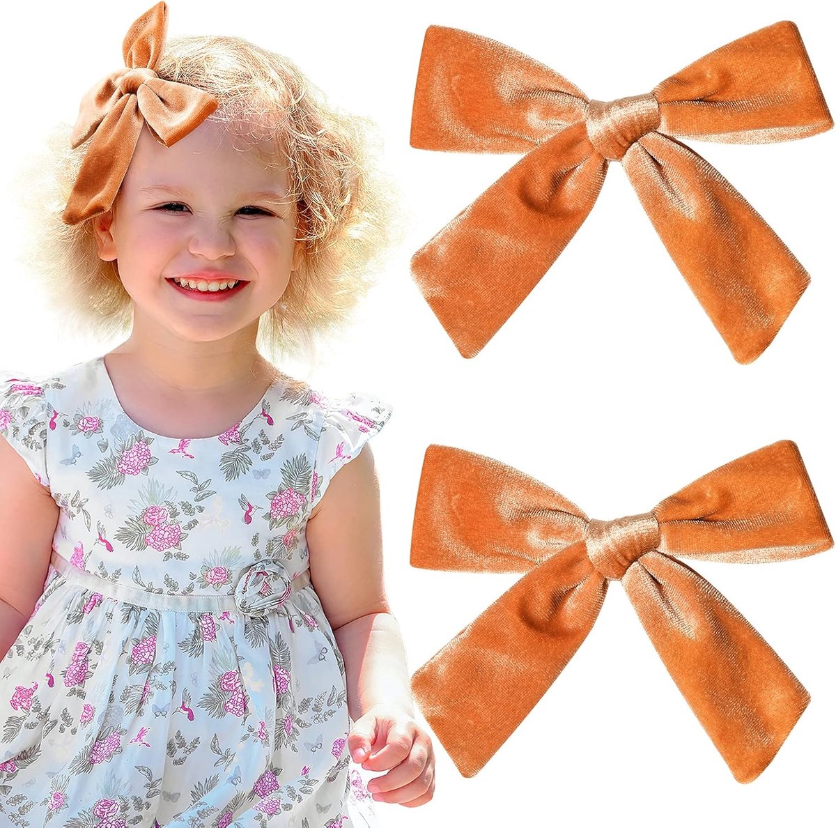 Hair Bows for Girls – 4.5 inch Velvet, Orange-Brown, Autumn/Winter - Image 1