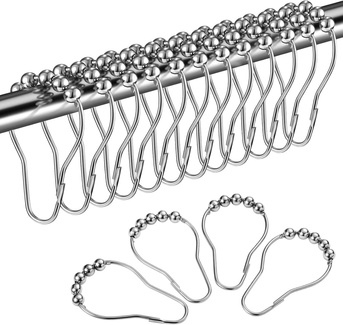 Shower curtain rings - 12 shower curtain rings - Stainless steel sliding hooks - 12 individual hooks - 69x39 mm - Image 1
