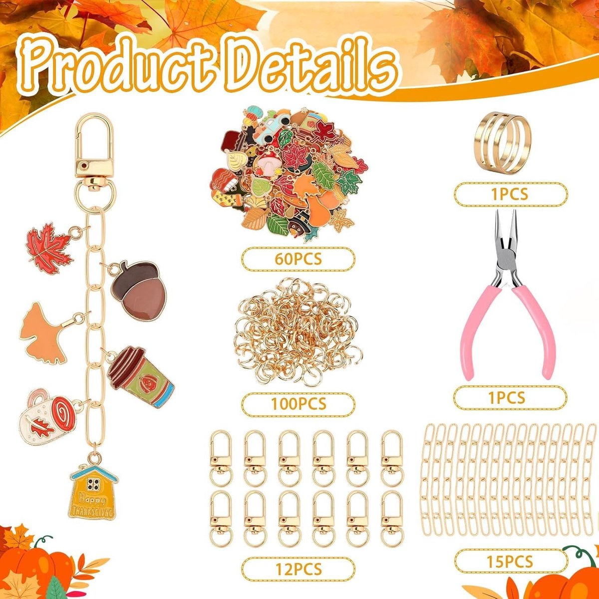 Autumn keychain making set - 60 autumn charms & 12 clips - plus accessories - Image 2