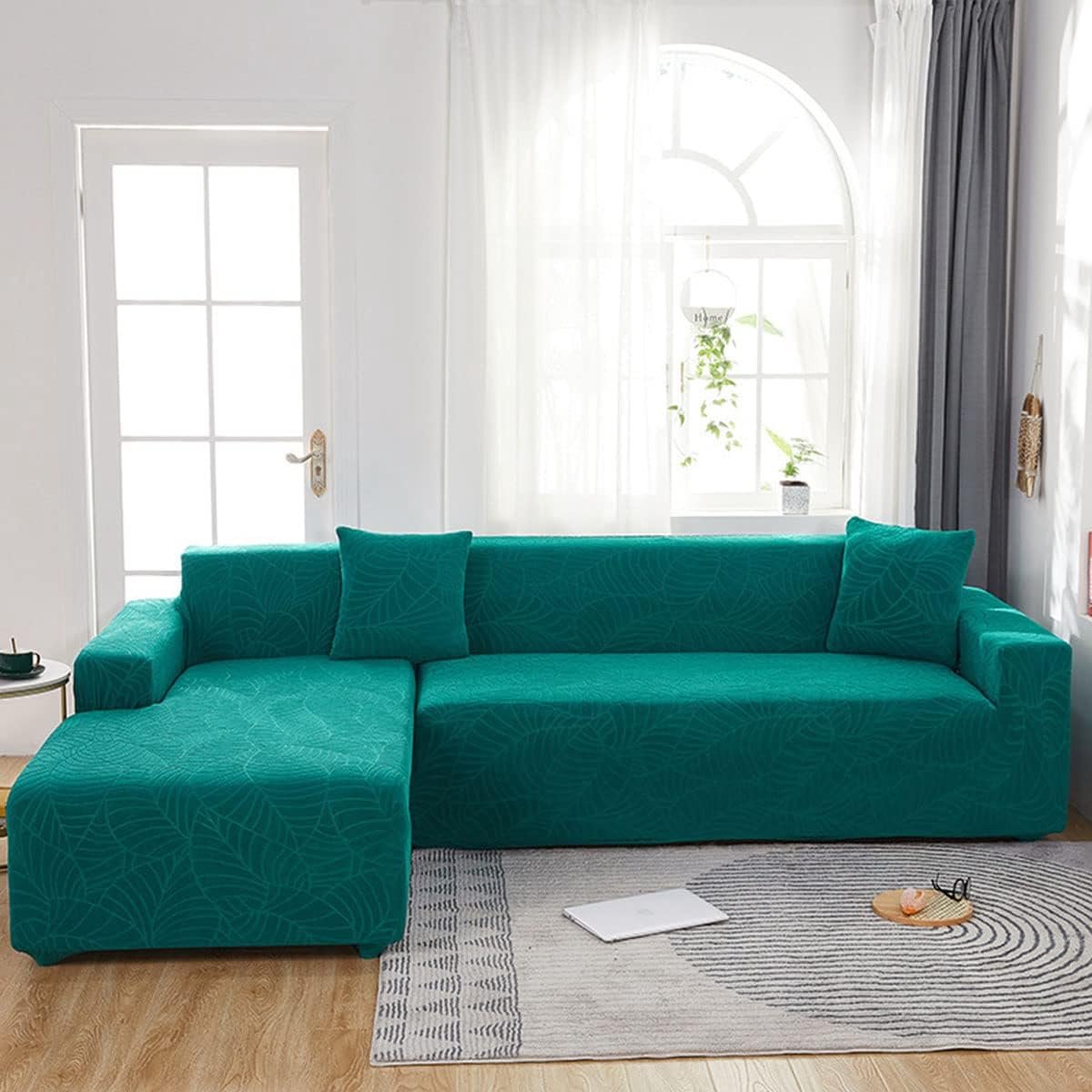 Waterproof sofa cover - Bright green jacquard leaf pattern - For 2-seater sofa (145-180 cm) - Image 1