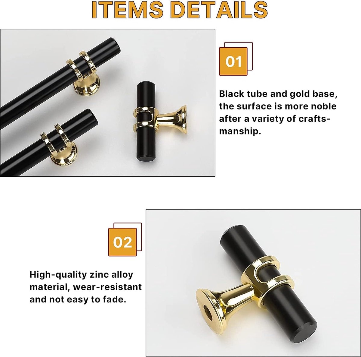 Cabinet Knobs - Drawer Knobs and Handles - 2 Pieces - Black and Gold, Single-Drill Design - Zinc Alloy - Suitable for Kitchen, Dressing Table, and Other Furniture - Image 3